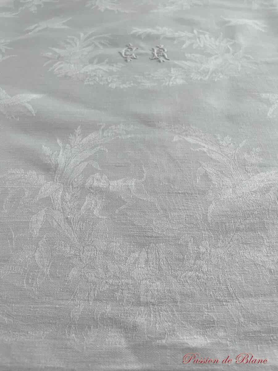 Service de table 12 couverts en damassé de lin avec monogrammes " CR" et animaux – Image 5