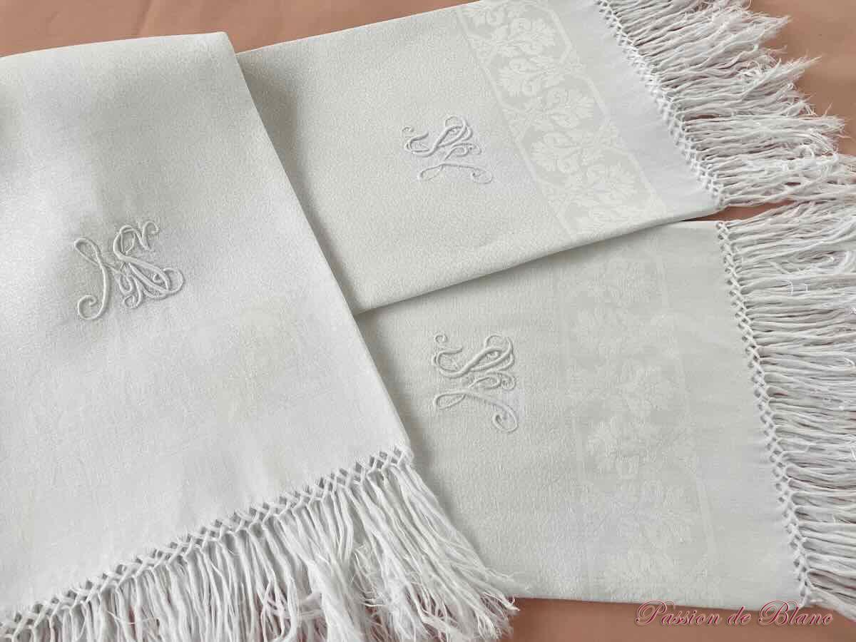Lot de 3 belles serviettes d'invités en lin fin avec monogramme MS et franges – Image 5