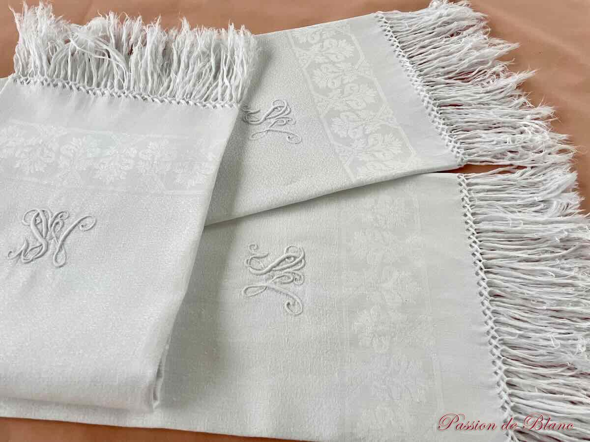 Lot de 3 belles serviettes d'invités en lin fin avec monogramme MS et franges – Image 4