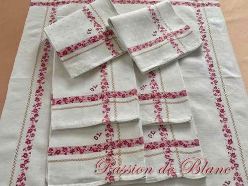 Lot de 7 grandes serviettes avec liteaux rouges. Napoléon III sur toile fil de lin