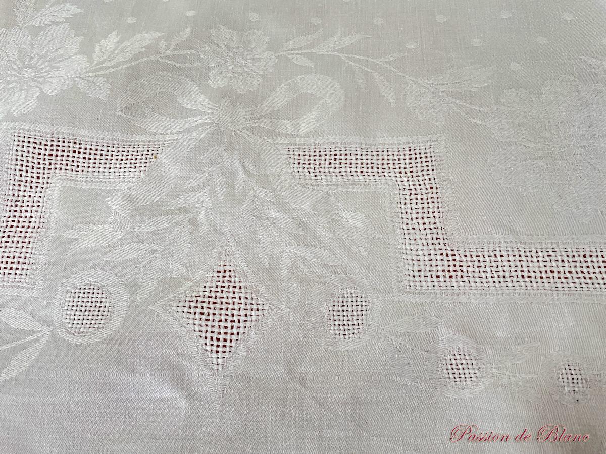 Nappe en damassé de lin fin avec motifs tissés ,2 monogrammes CG brodés main – Image 10