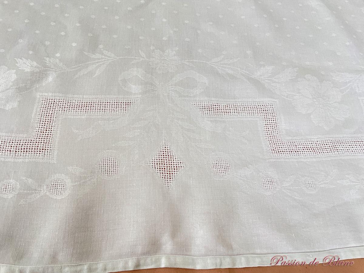 Nappe en damassé de lin fin avec motifs tissés ,2 monogrammes CG brodés main – Image 9