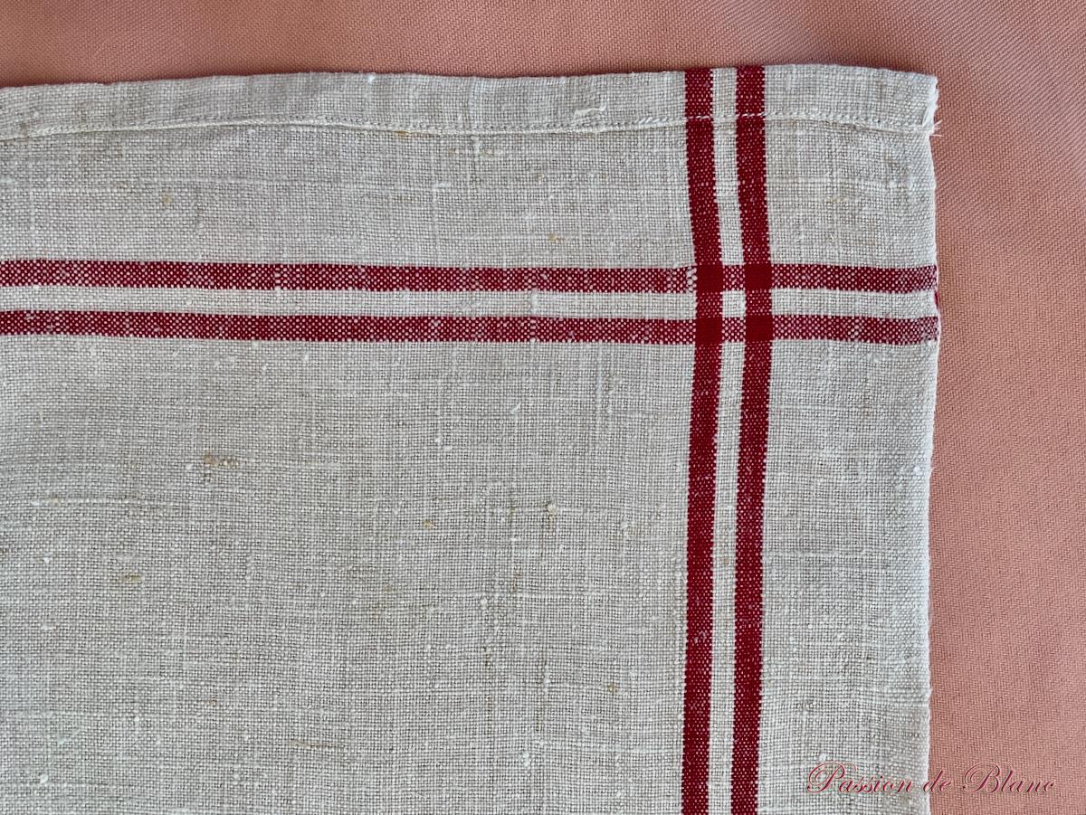 Lot de 6 grands torchons avec liteaux rouges sur toile pur lin de couleur bis – Image 6