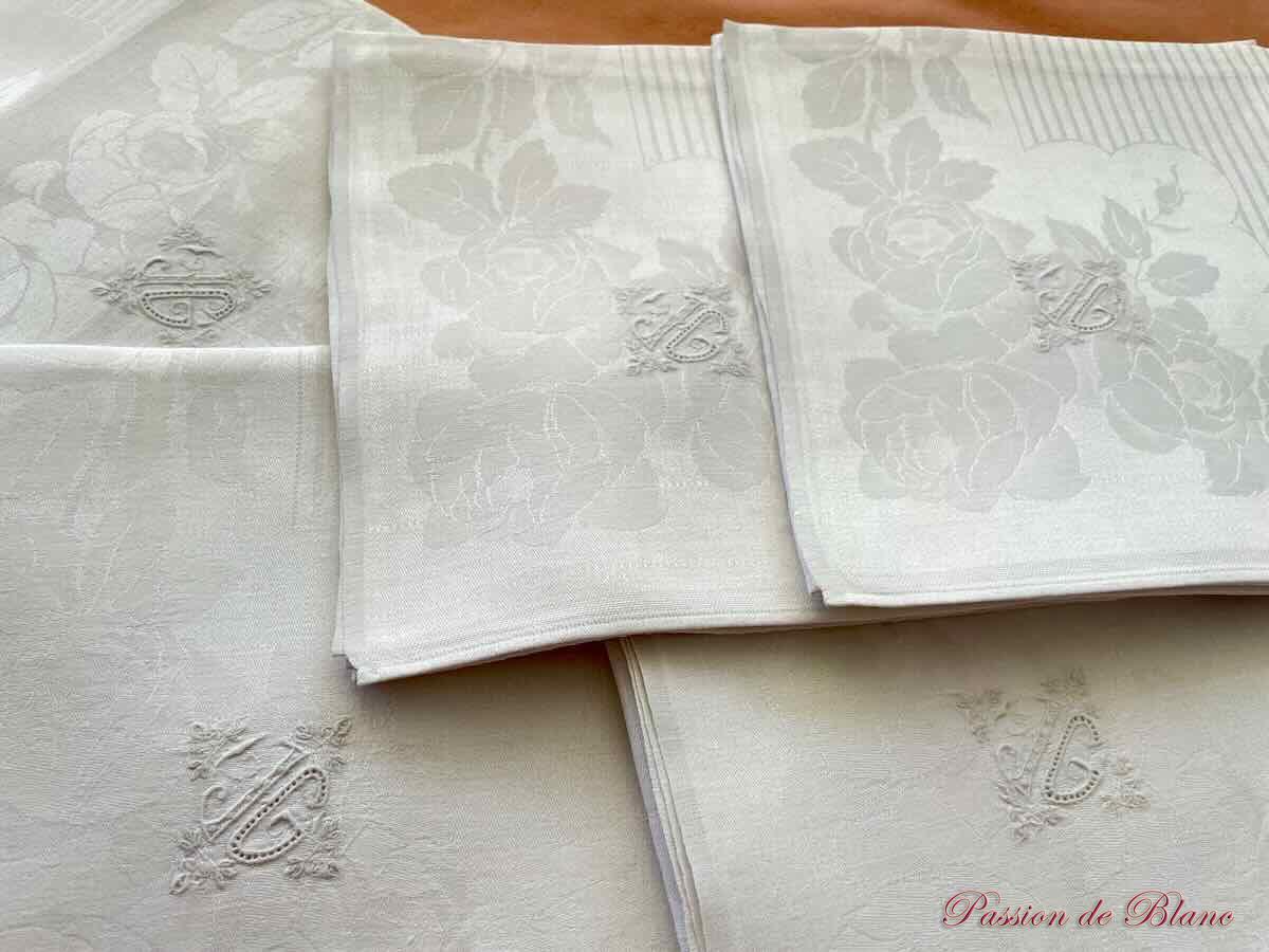 Lot 7 merveilleuses serviettes tables en damassé de fil de lin avec monogramme JG – Image 5