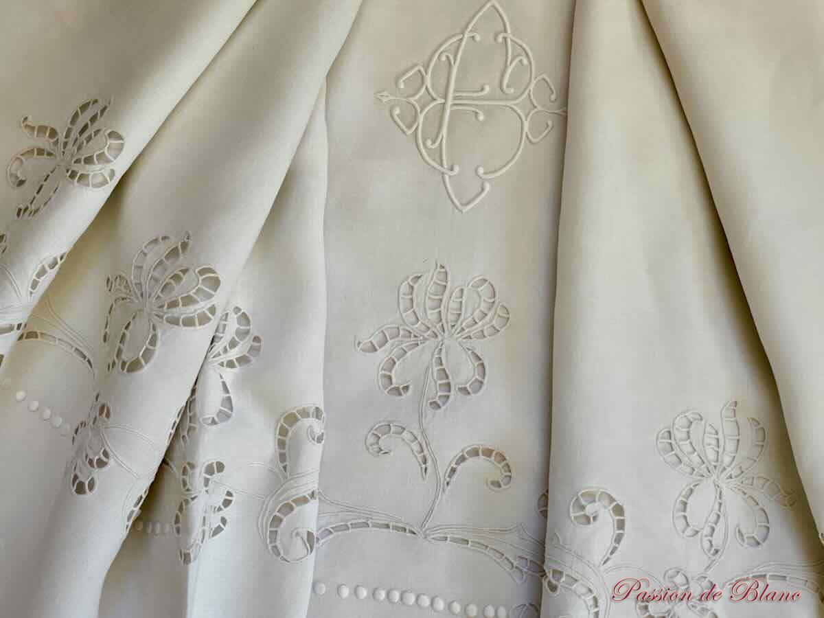 Drap avec broderie Richelieu, dentelle aux fuseaux sur toile de fil de lin blanc – Image 8