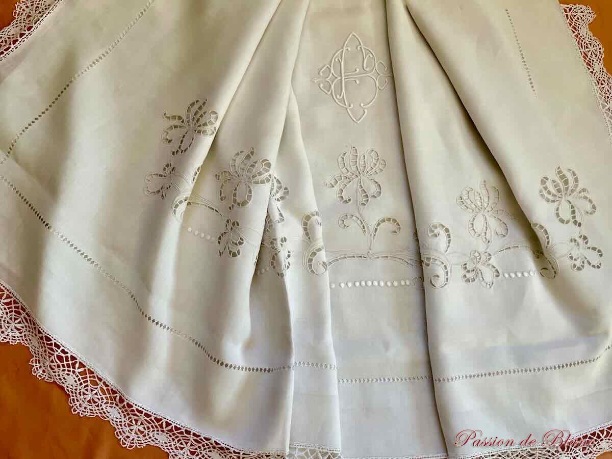 Drap avec broderie Richelieu, dentelle aux fuseaux sur toile de fil de lin blanc – Image 7