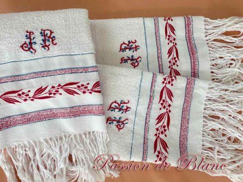 Rare lot de 3 serviettes de toilette éponge, grande frise couleur, Napoléon III