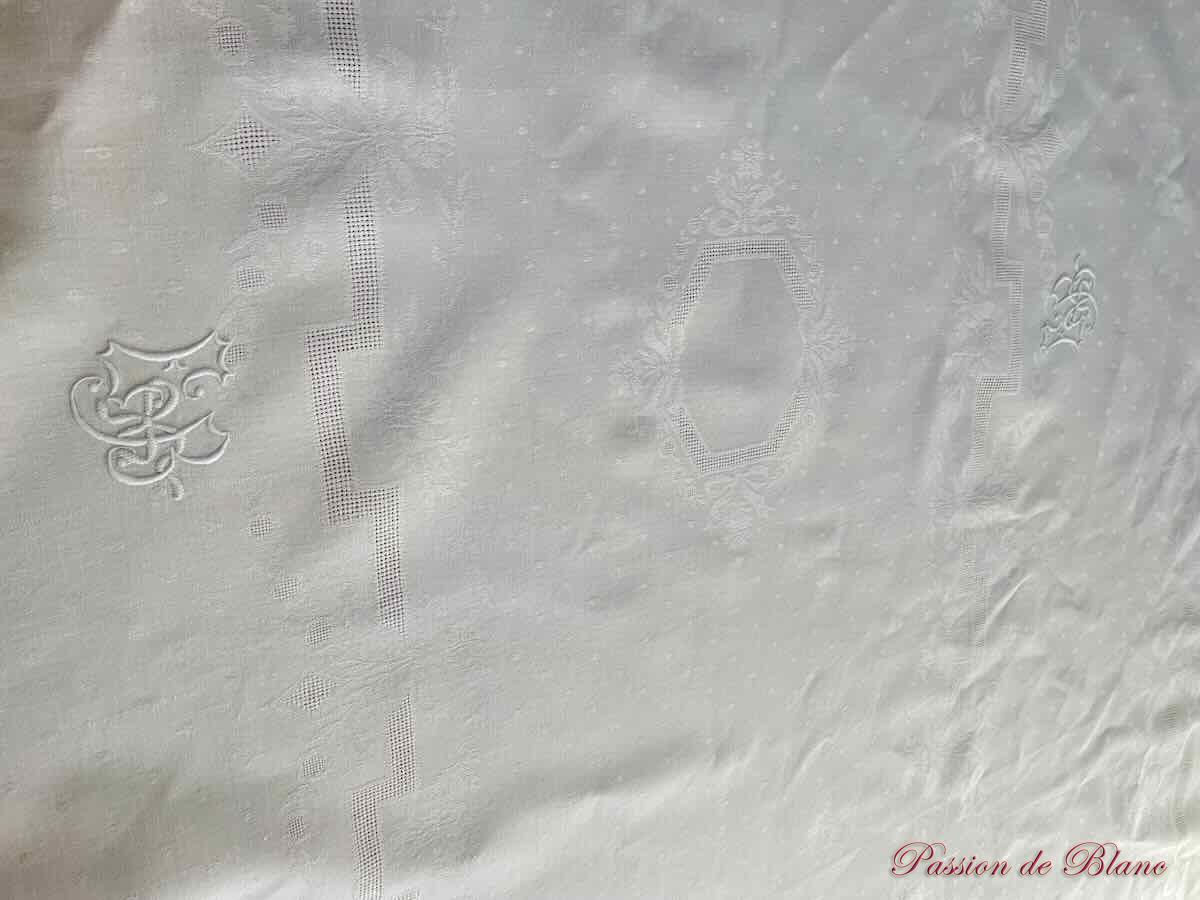Service de table en damassé de lin, 2 monogrammes EB brodé main – Image 6