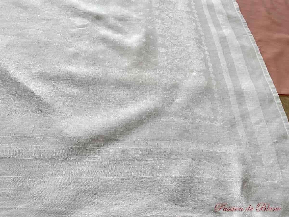 Rare nappe en damassé de lin avec broderies main branchages, monogramme GB – Image 6
