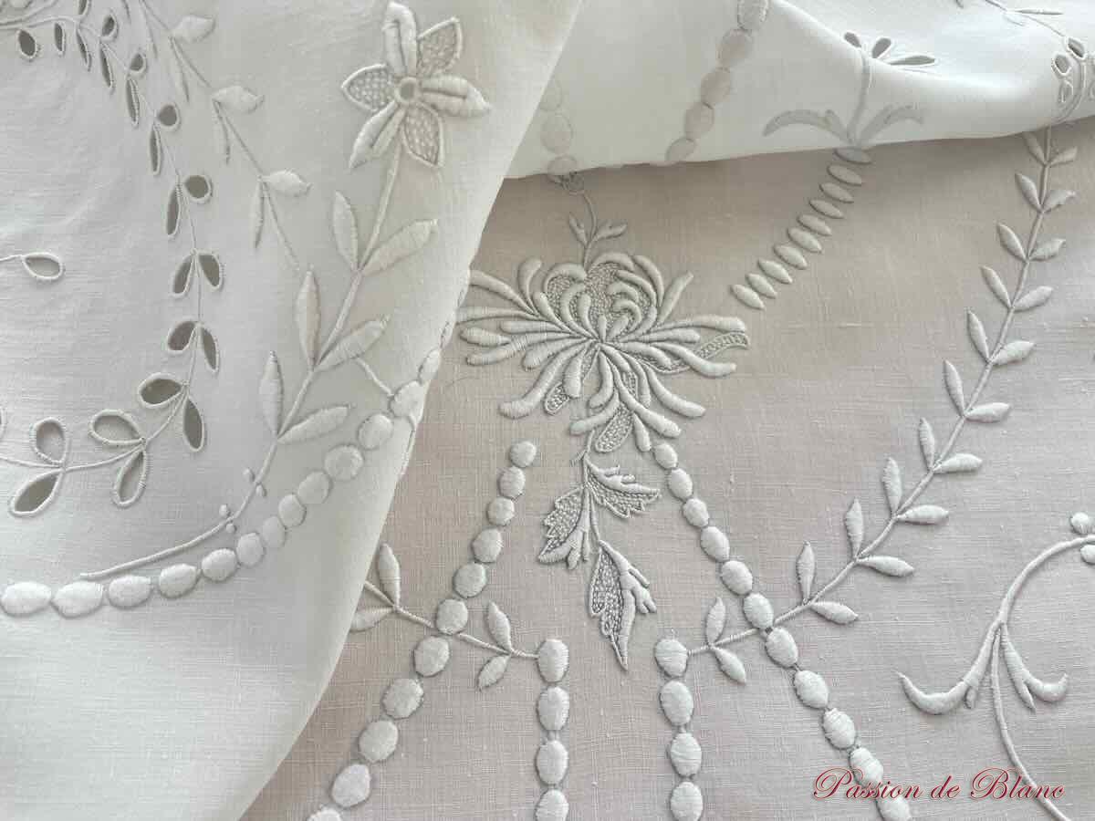 Grand napperon long, chemin table, réalisé main avec broderie Anglaise sur lin fin – Image 5