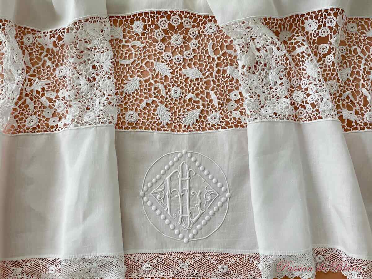 Beau drap en fil de lin, monogramme AL, découverte dentelle au crochet d'art : points d'Irlande – Image 3