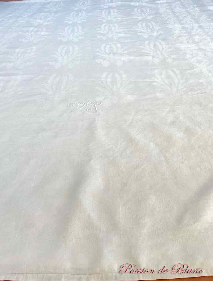 Grand nappe de 4,20 m, en damassé de lin avec motifs raisins , épis de blé, monos VP – Image 9