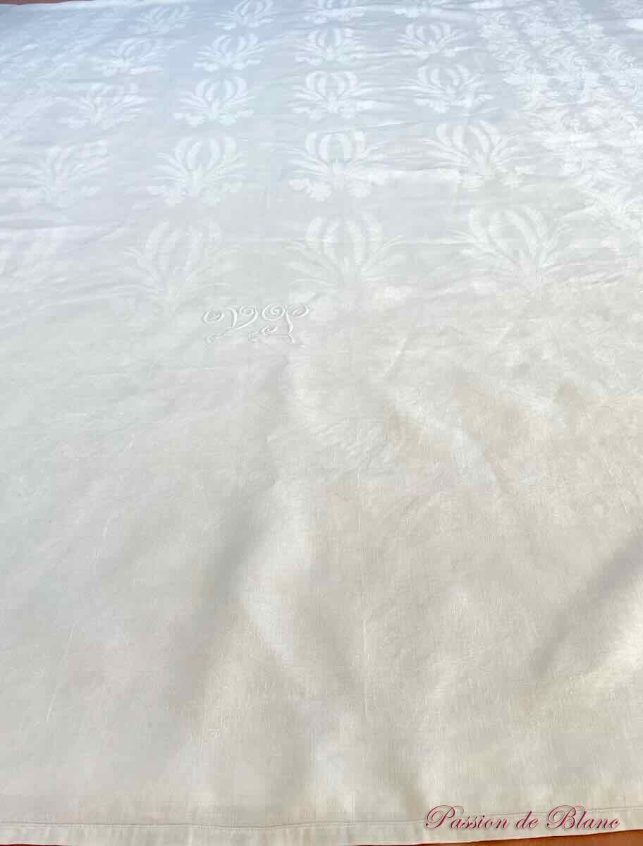 Grand nappe de 4,20 m, en damassé de lin avec motifs raisins , épis de blé, monos VP – Image 9