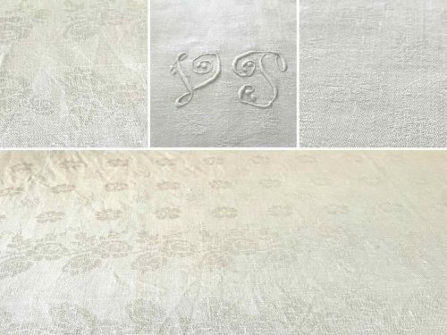 Belle nappe Napoléon III de 4,20 m, en damassé de lin avec motifs fleuris, monos VP