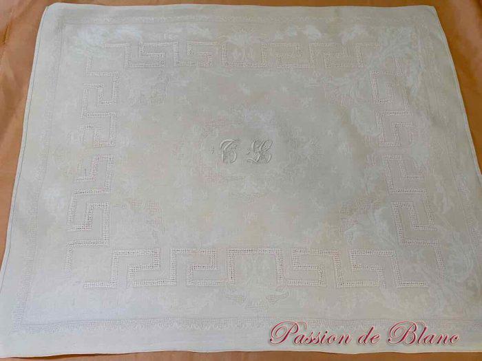 Joli service de table en damassé lin : Nappe + 10 serviettes, monogrammes TL brodé main – Image 8