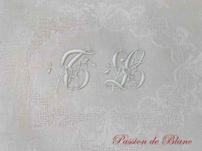 Joli service de table en damassé lin : Nappe + 10 serviettes, monogrammes TL brodé main – Image 6