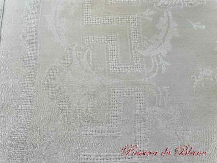 Joli service de table en damassé lin : Nappe + 10 serviettes, monogrammes TL brodé main – Image 3