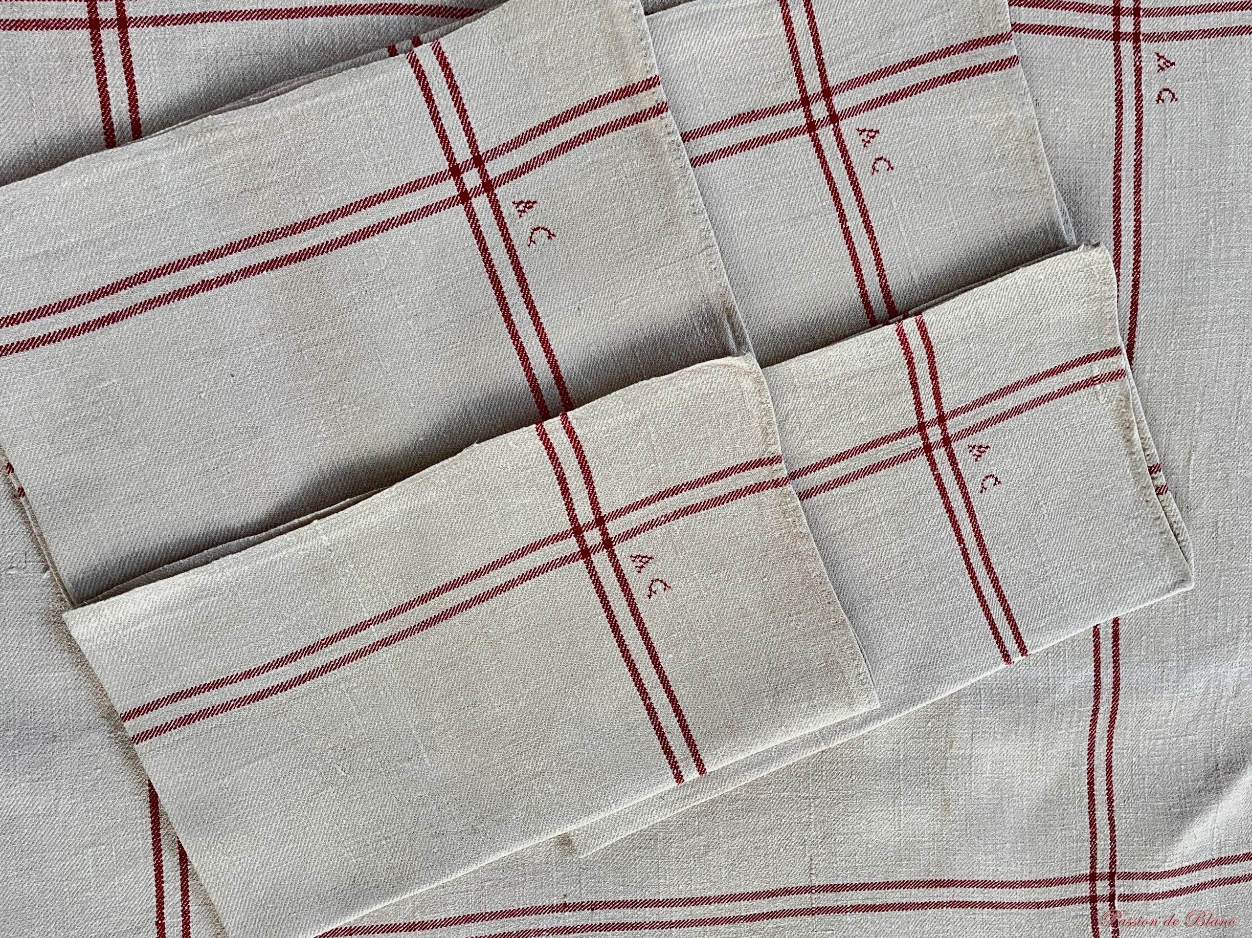 Lot de 6 grands torchons avec liteaux rouges sur toile pur lin couleur bis – Image 3