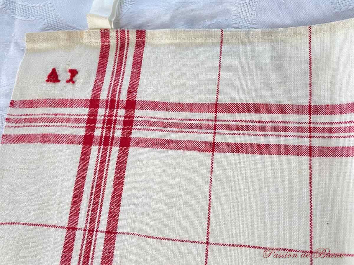 Lot de 6 torchons cuisine avec liteaux rouges sur toile lin fin bis ancien – Image 5