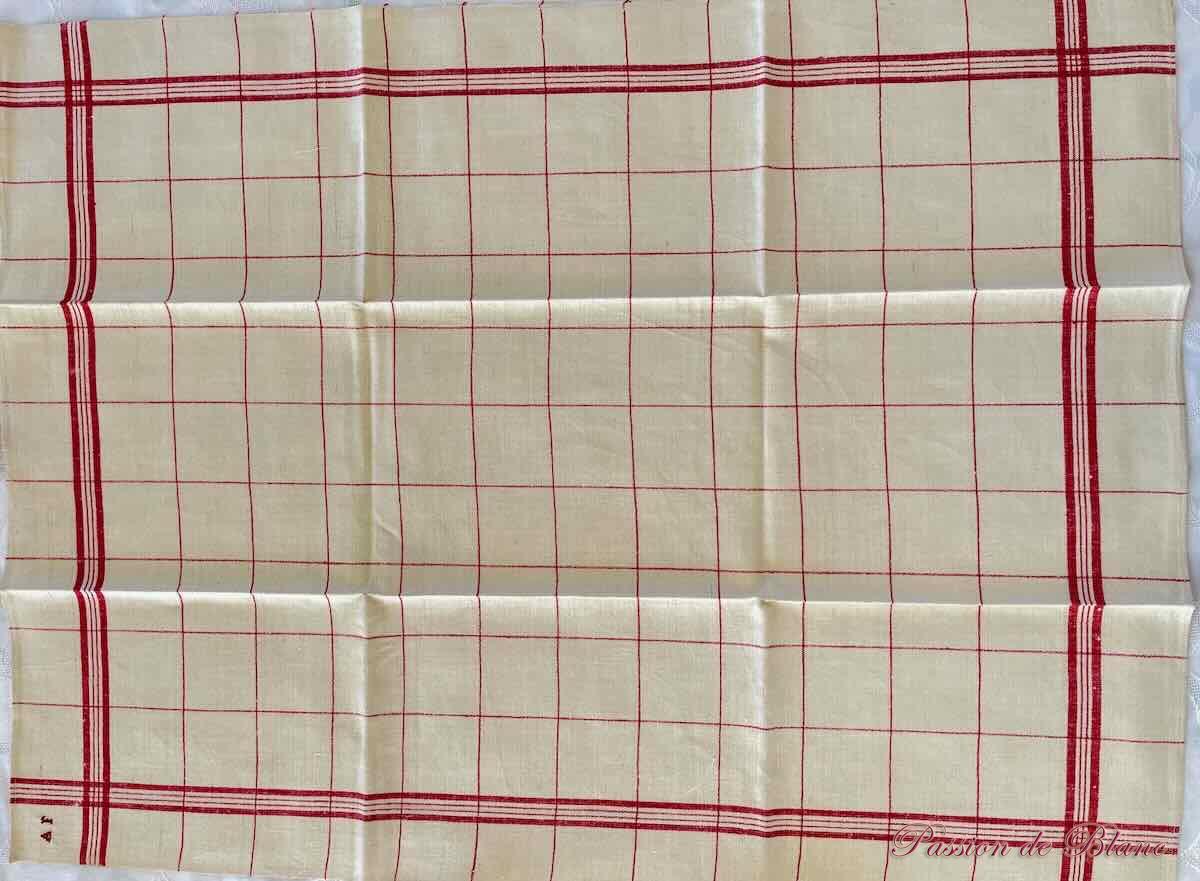 Lot de 6 beaux torchons cuisine avec liteaux rouges sur toile lin fin bis ancien – Image 4