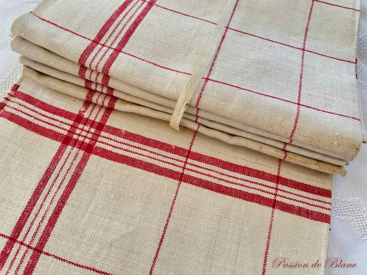 Lot de 6 beaux torchons cuisine avec liteaux rouges sur toile lin fin bis ancien – Image 2