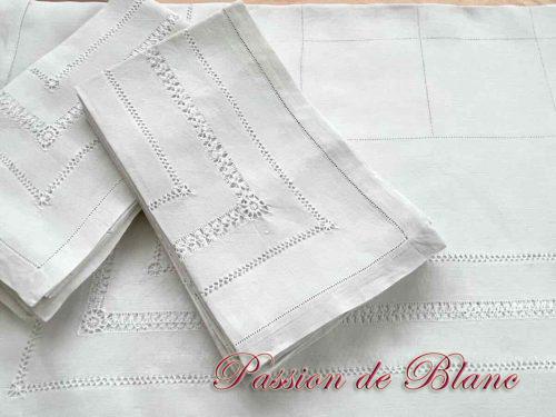 Ensemble Vintage Grande Nappe & 10 Serviettes Lin Blanc Broderies Ensemble Vintage Grande Nappe & 10 Serviettes Lin Blanc Broderies