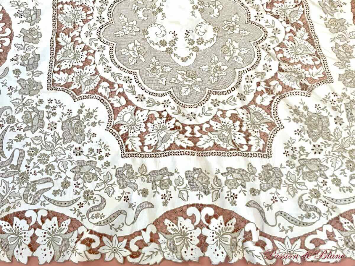 Grande nappe rectangle, broderie Richelieu fleurs toile lin broderie fil beige – Image 10