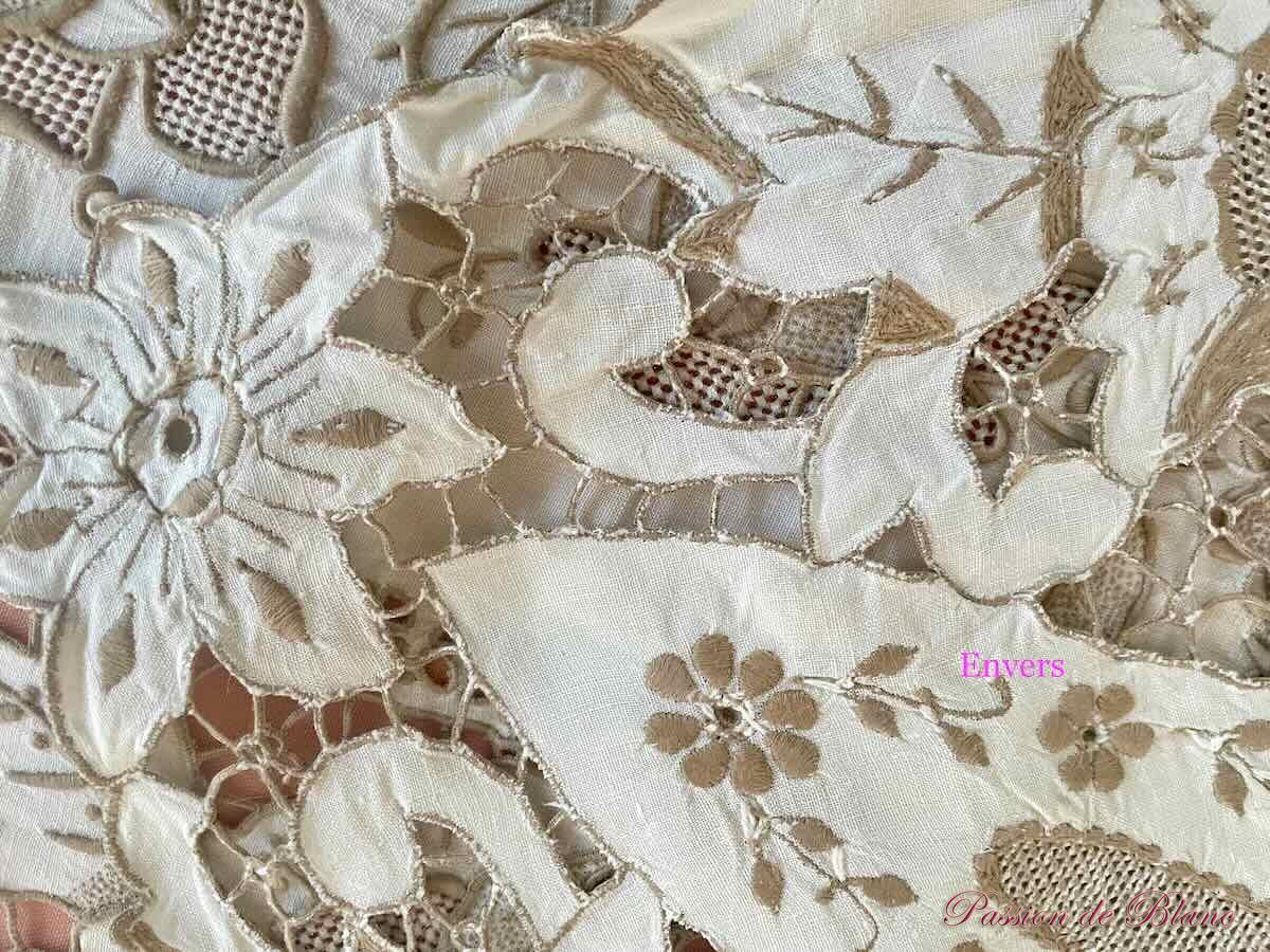 Grande nappe rectangle, broderie Richelieu fleurs toile lin broderie fil beige – Image 9