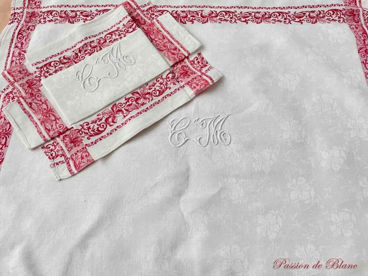 Deux grandes serviettes table, liteaux rouges Napoléon III pur lin – Image 6