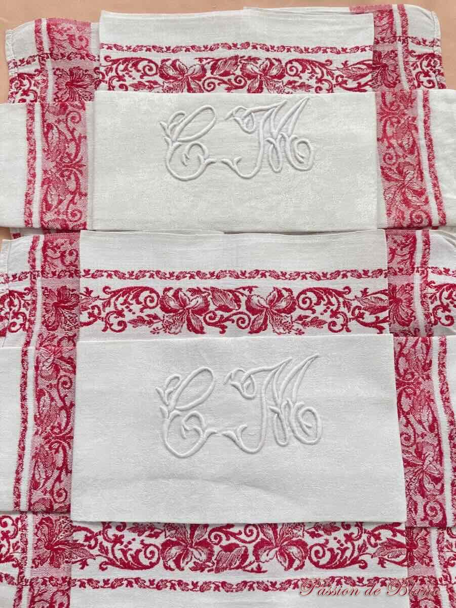 Deux grandes serviettes table, liteaux rouges Napoléon III pur lin – Image 4