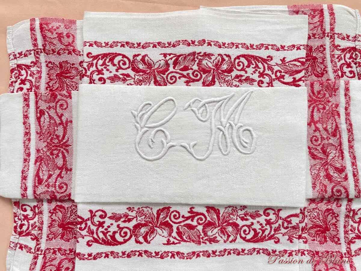 Deux grandes serviettes table, liteaux rouges Napoléon III pur lin – Image 3