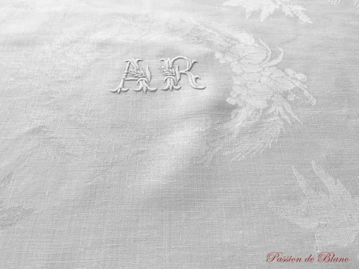 Lot grandes serviettes de table en damassé de lin fin avec épis de blé oiseaux et monogramme AR – Image 5