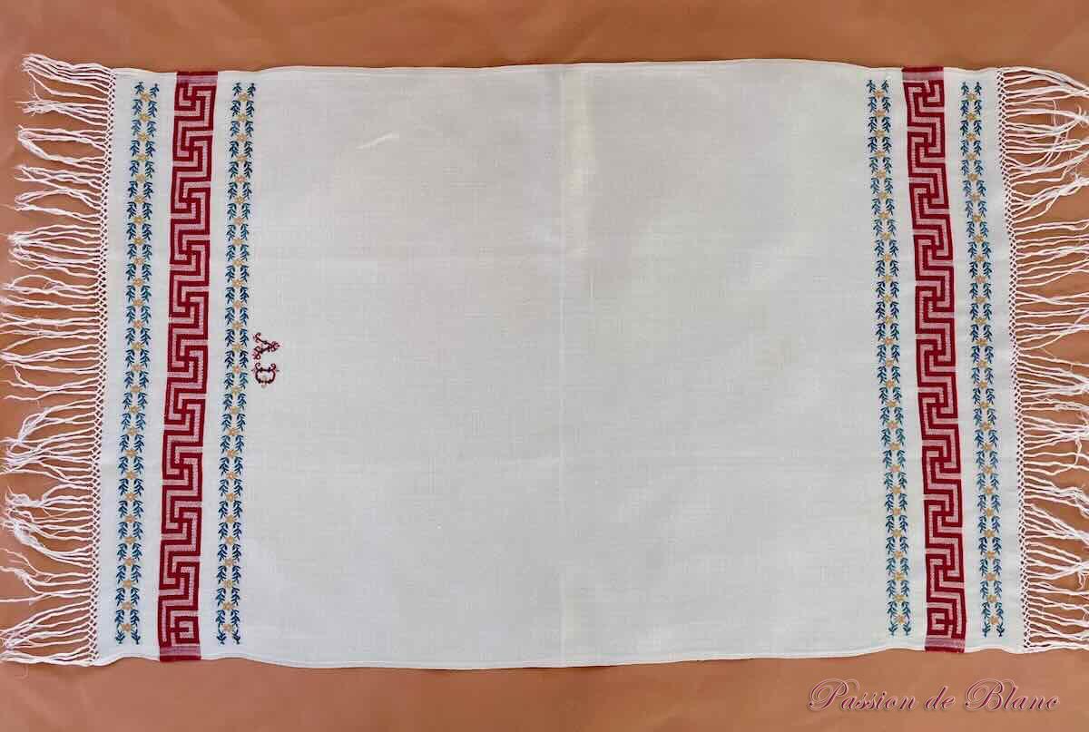 Serviettes d'invités, lin fin franges motifs couleur