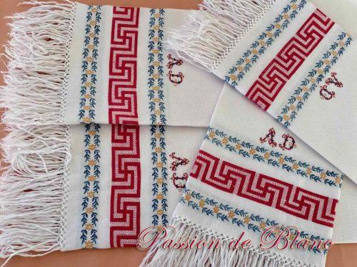 Serviettes d'invités, lin fin franges motifs couleur