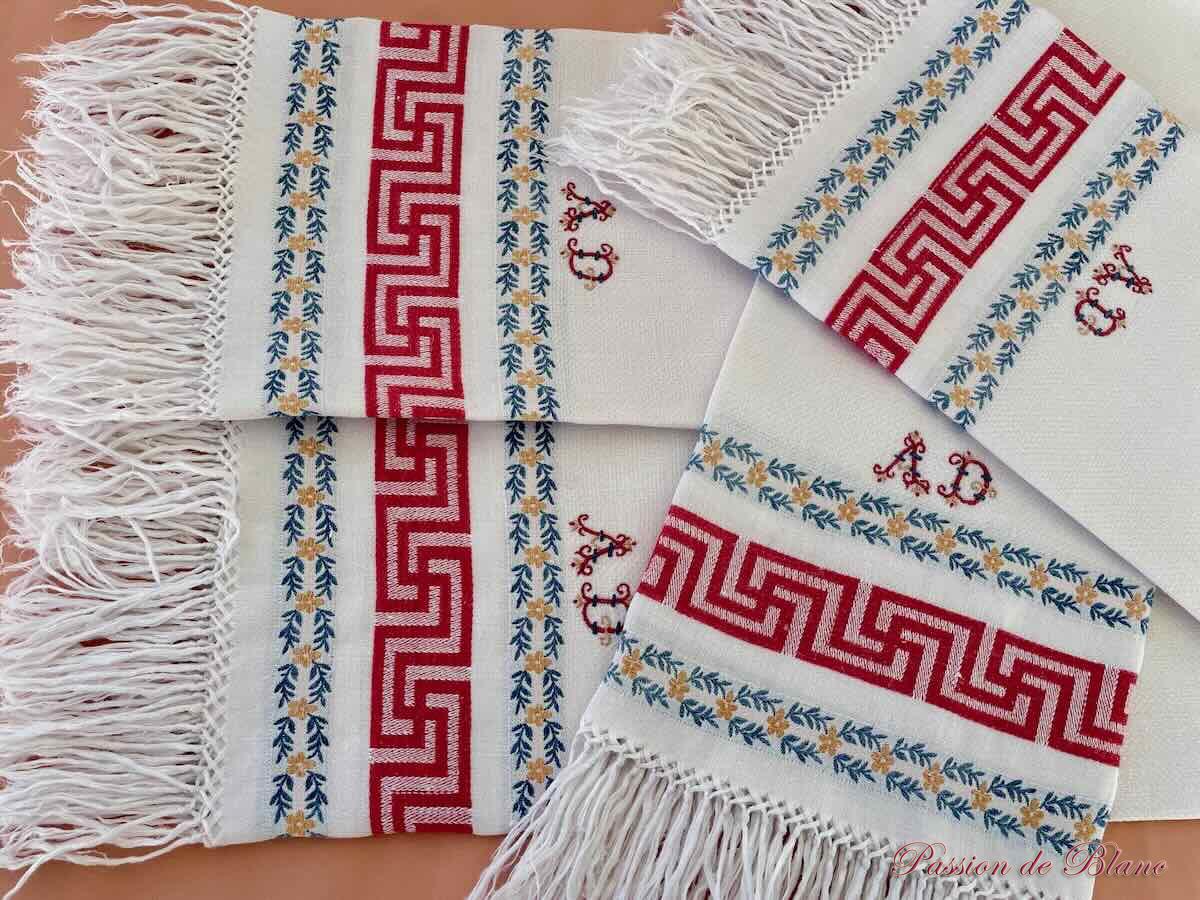 Serviettes d'invités, lin fin franges motifs couleur