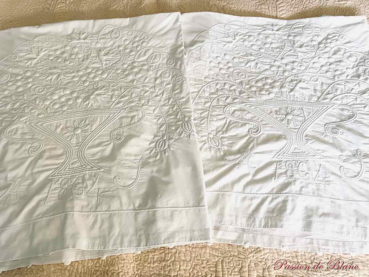 Rares enveloppes de paire taies d'apparat XIXeme broderie en boutis – Image 5