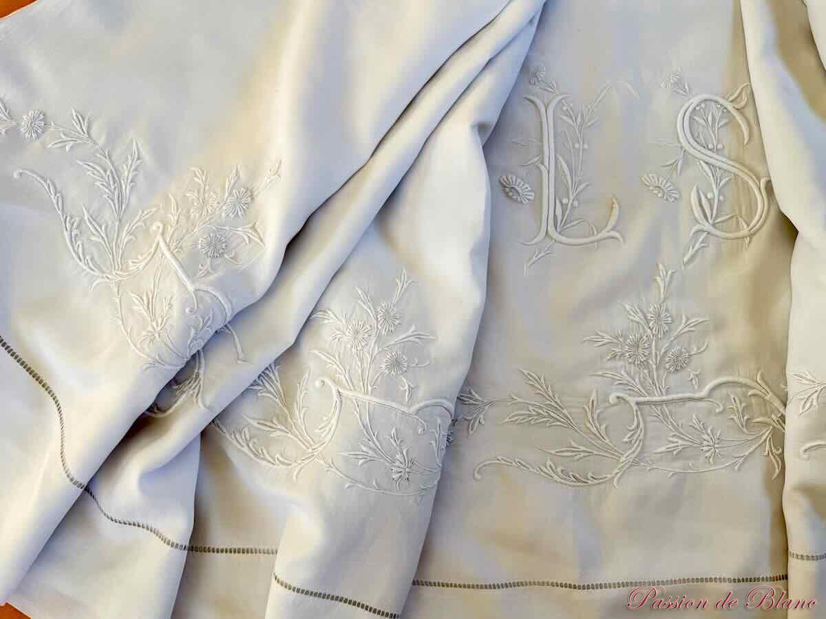 Rare drap 3 mètres de large en fil de lin blanc, grande découverte brodée main – Image 6