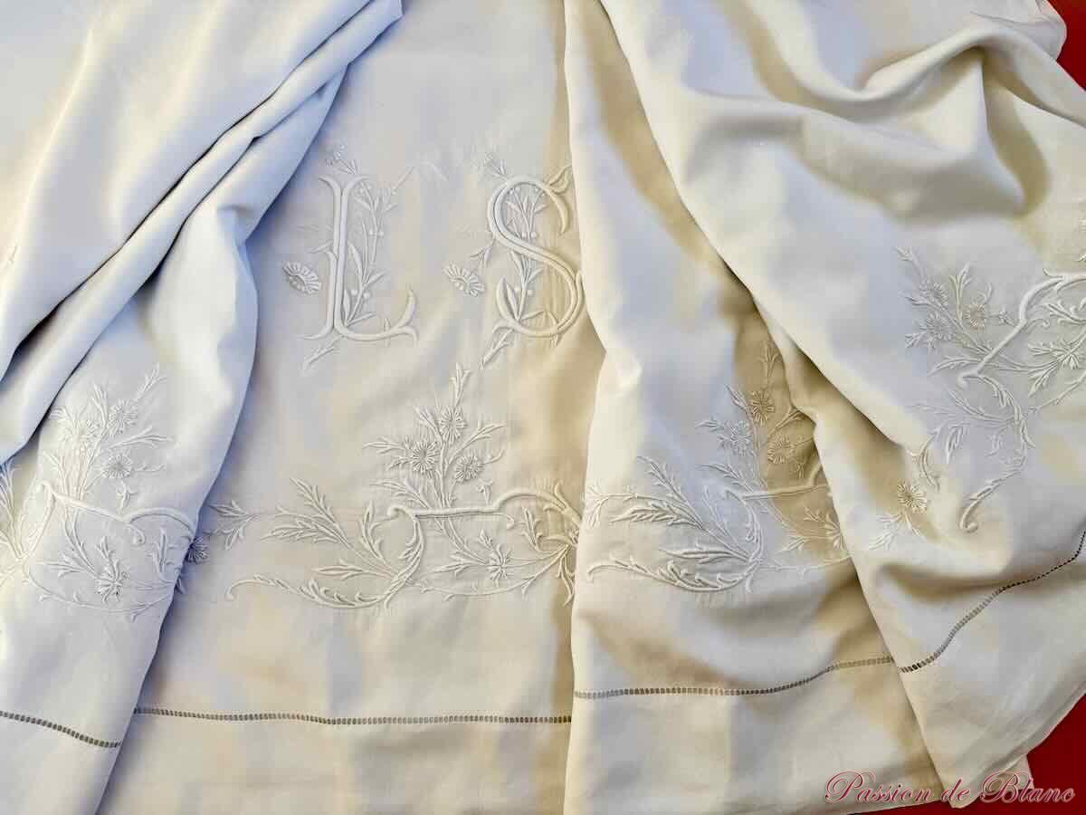 Rare drap 3 mètres de large en fil de lin blanc, grande découverte brodée main – Image 5