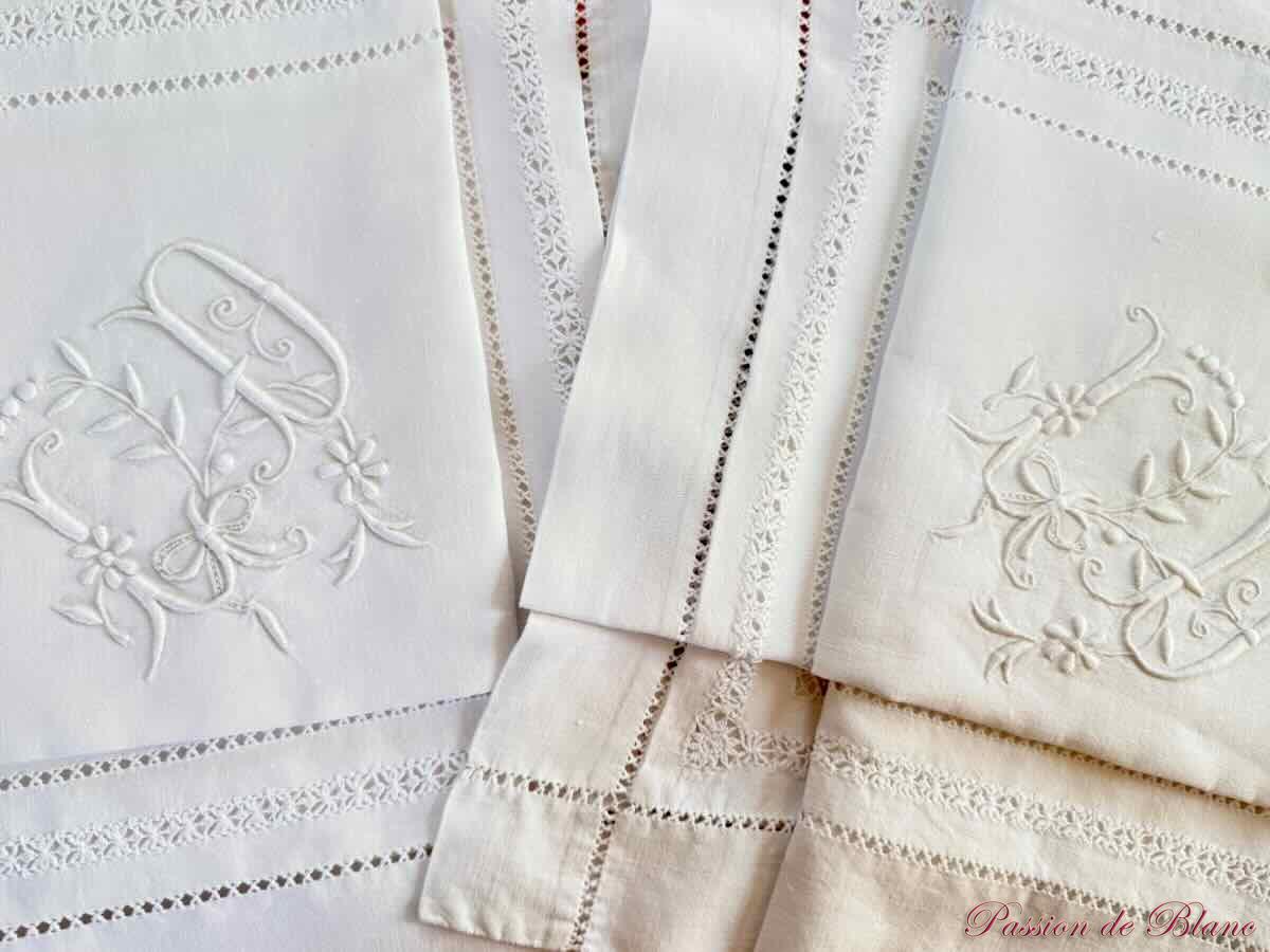 Paire taies brodées main, toile en lin fiavec travail fils tirés et monogramme LD – Image 3